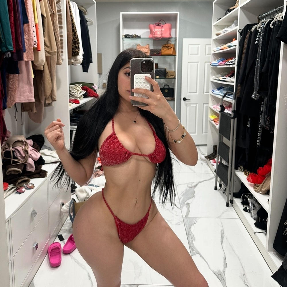 Red Bikini Set, white purse, hair clip